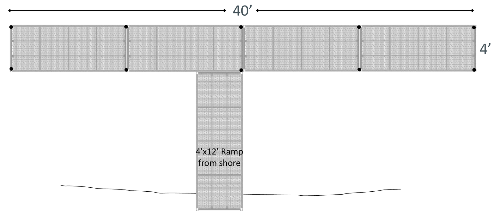 Proposed T-Dock layout: 40 foot by 4 foot fishing platform with a 4 by 12 foot ramp from shore